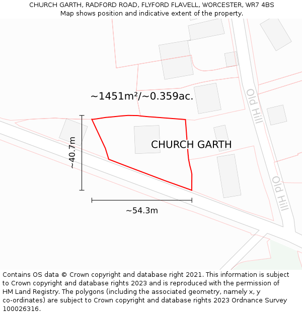 CHURCH GARTH, RADFORD ROAD, FLYFORD FLAVELL, WORCESTER, WR7 4BS: Plot and title map