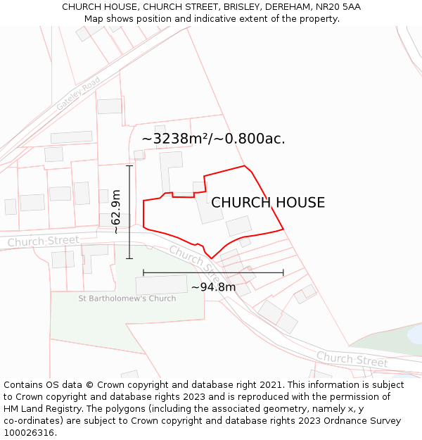 CHURCH HOUSE, CHURCH STREET, BRISLEY, DEREHAM, NR20 5AA: Plot and title map