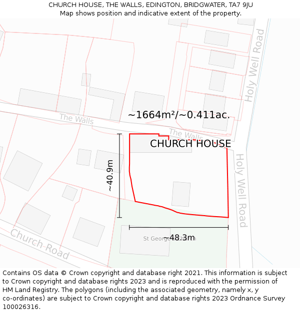 CHURCH HOUSE, THE WALLS, EDINGTON, BRIDGWATER, TA7 9JU: Plot and title map