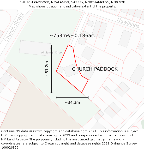 CHURCH PADDOCK, NEWLANDS, NASEBY, NORTHAMPTON, NN6 6DE: Plot and title map