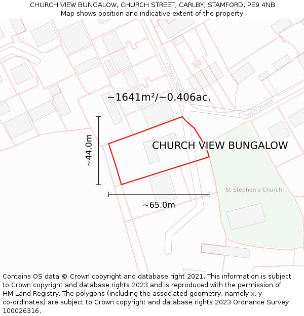 CHURCH VIEW BUNGALOW, CHURCH STREET, CARLBY, STAMFORD, PE9 4NB: Plot and title map