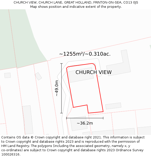 CHURCH VIEW, CHURCH LANE, GREAT HOLLAND, FRINTON-ON-SEA, CO13 0JS: Plot and title map