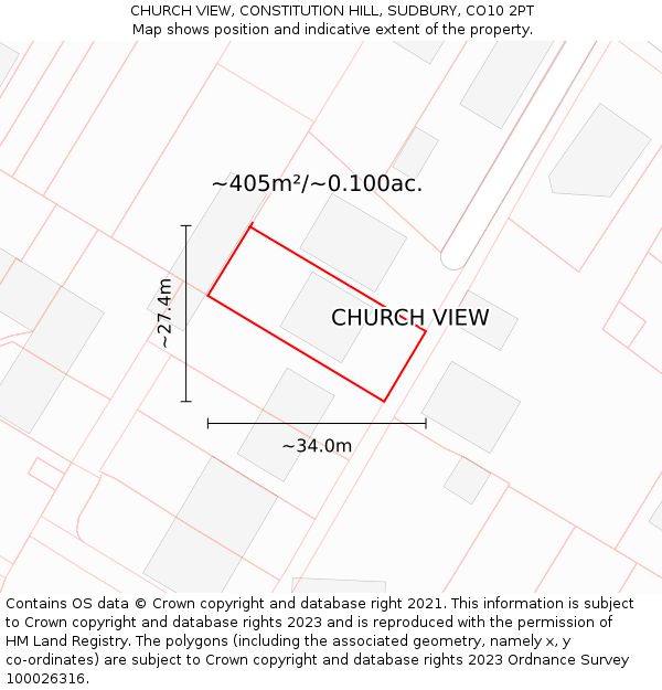 CHURCH VIEW, CONSTITUTION HILL, SUDBURY, CO10 2PT: Plot and title map