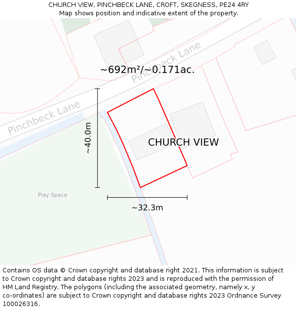 CHURCH VIEW, PINCHBECK LANE, CROFT, SKEGNESS, PE24 4RY: Plot and title map