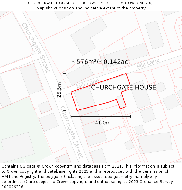 CHURCHGATE HOUSE, CHURCHGATE STREET, HARLOW, CM17 0JT: Plot and title map