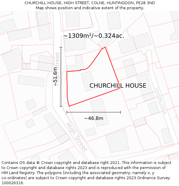 CHURCHILL HOUSE, HIGH STREET, COLNE, HUNTINGDON, PE28 3ND: Plot and title map