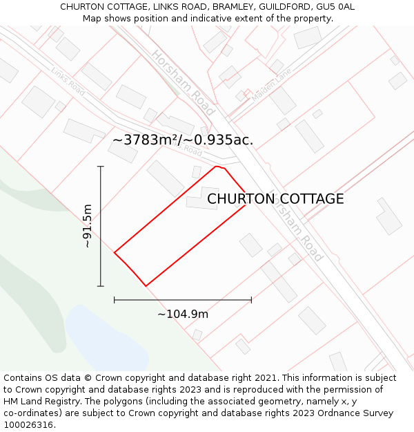 CHURTON COTTAGE, LINKS ROAD, BRAMLEY, GUILDFORD, GU5 0AL: Plot and title map