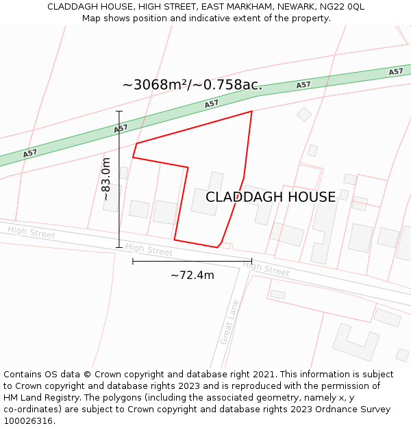 CLADDAGH HOUSE, HIGH STREET, EAST MARKHAM, NEWARK, NG22 0QL: Plot and title map