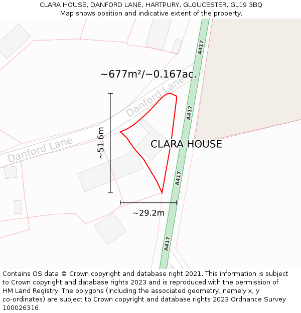 CLARA HOUSE, DANFORD LANE, HARTPURY, GLOUCESTER, GL19 3BQ: Plot and title map