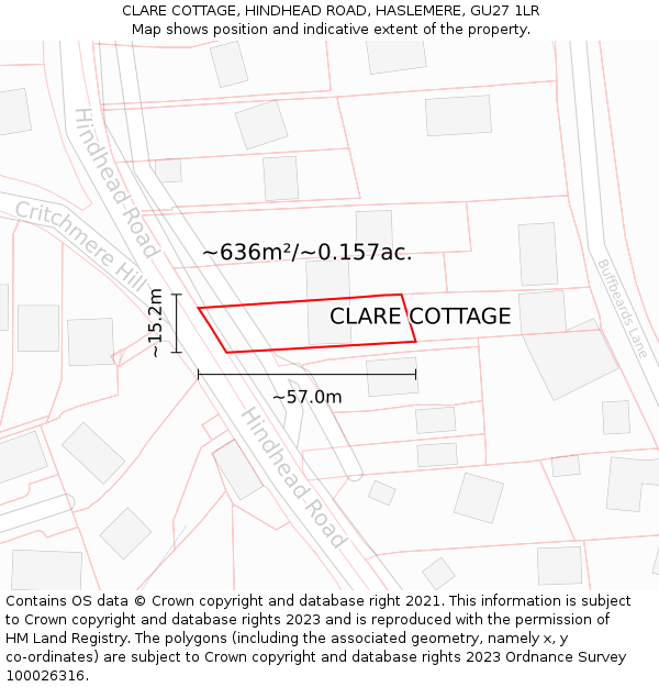 CLARE COTTAGE, HINDHEAD ROAD, HASLEMERE, GU27 1LR: Plot and title map