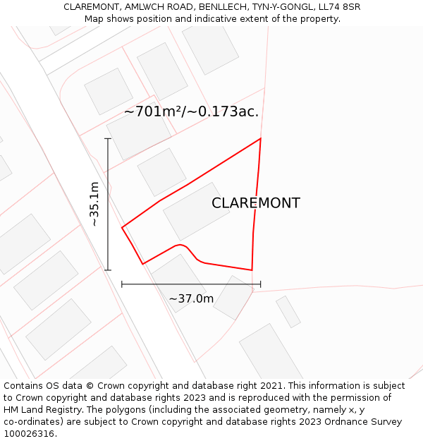 CLAREMONT, AMLWCH ROAD, BENLLECH, TYN-Y-GONGL, LL74 8SR: Plot and title map