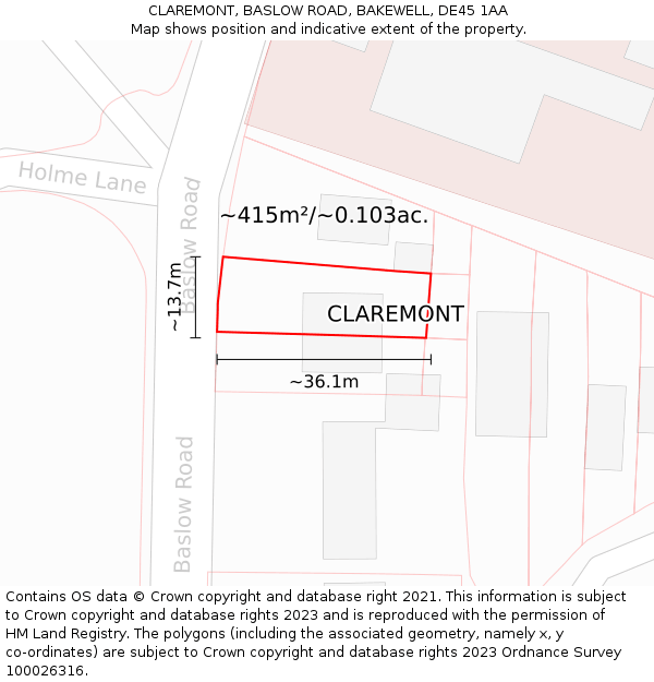 CLAREMONT, BASLOW ROAD, BAKEWELL, DE45 1AA: Plot and title map