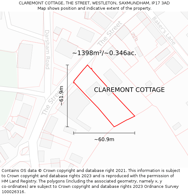 CLAREMONT COTTAGE, THE STREET, WESTLETON, SAXMUNDHAM, IP17 3AD: Plot and title map