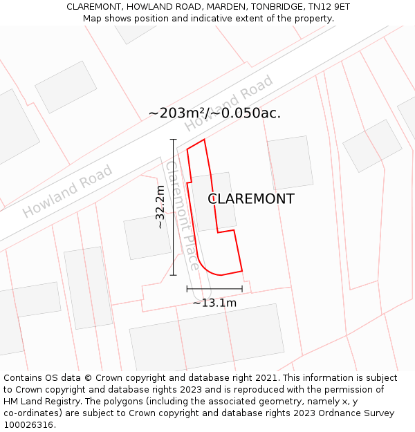 CLAREMONT, HOWLAND ROAD, MARDEN, TONBRIDGE, TN12 9ET: Plot and title map