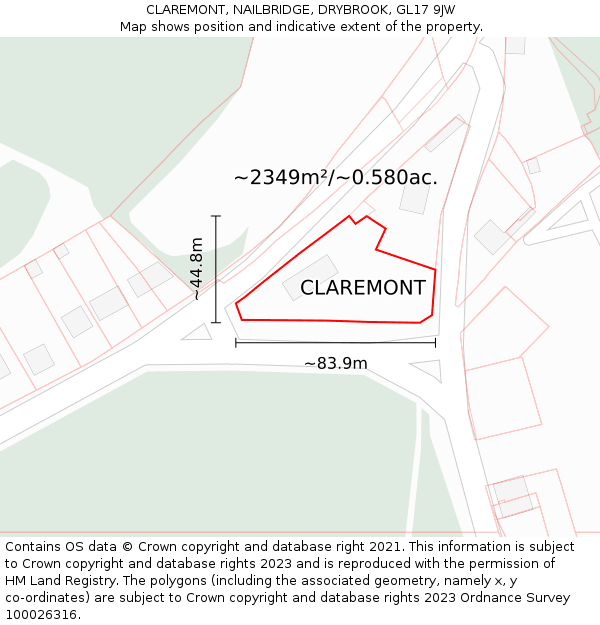 CLAREMONT, NAILBRIDGE, DRYBROOK, GL17 9JW: Plot and title map