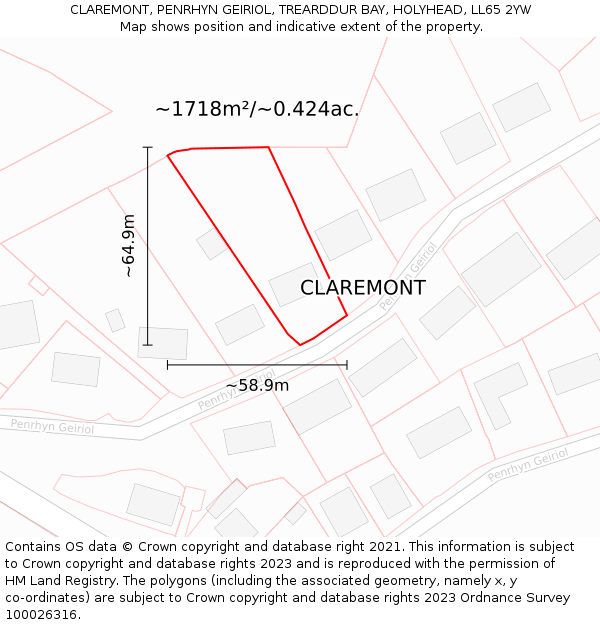 CLAREMONT, PENRHYN GEIRIOL, TREARDDUR BAY, HOLYHEAD, LL65 2YW: Plot and title map