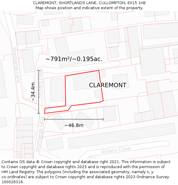 CLAREMONT, SHORTLANDS LANE, CULLOMPTON, EX15 1HE: Plot and title map