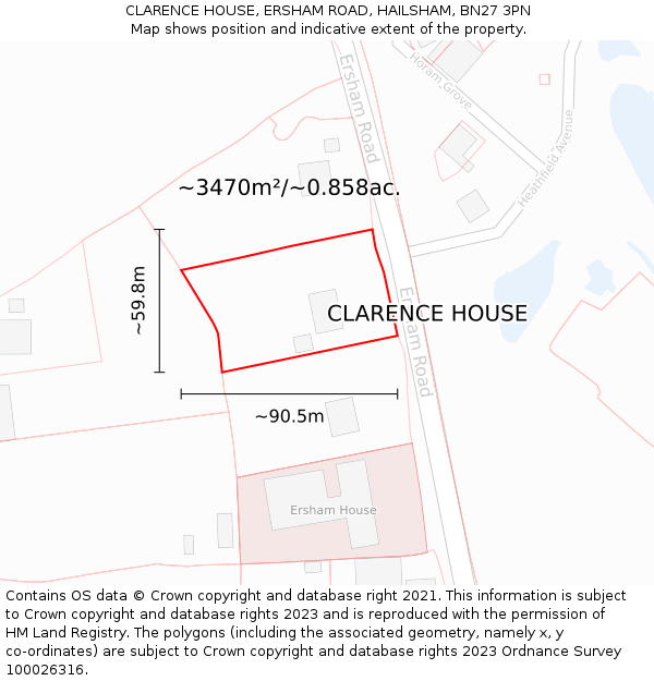 CLARENCE HOUSE, ERSHAM ROAD, HAILSHAM, BN27 3PN: Plot and title map