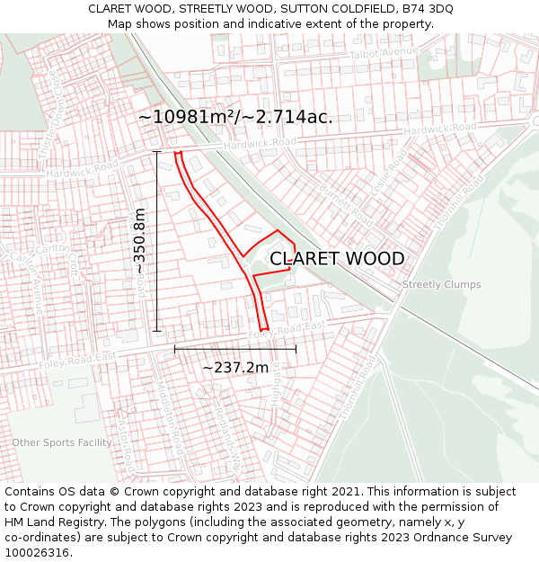 CLARET WOOD, STREETLY WOOD, SUTTON COLDFIELD, B74 3DQ: Plot and title map