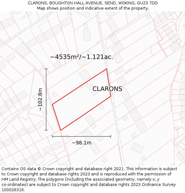 CLARONS, BOUGHTON HALL AVENUE, SEND, WOKING, GU23 7DD: Plot and title map