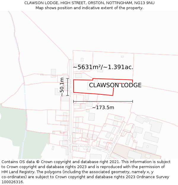 CLAWSON LODGE, HIGH STREET, ORSTON, NOTTINGHAM, NG13 9NU: Plot and title map