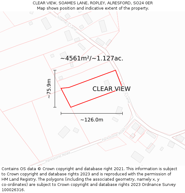 CLEAR VIEW, SOAMES LANE, ROPLEY, ALRESFORD, SO24 0ER: Plot and title map