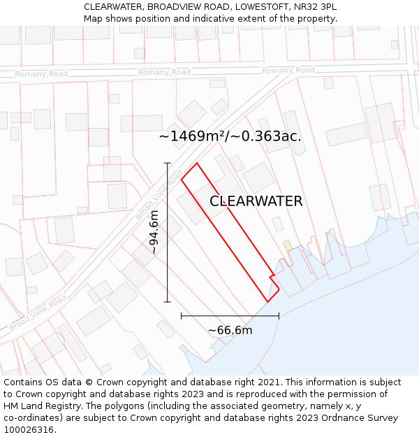 CLEARWATER, BROADVIEW ROAD, LOWESTOFT, NR32 3PL: Plot and title map