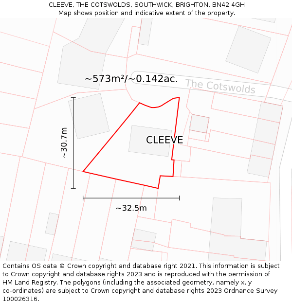 CLEEVE, THE COTSWOLDS, SOUTHWICK, BRIGHTON, BN42 4GH: Plot and title map