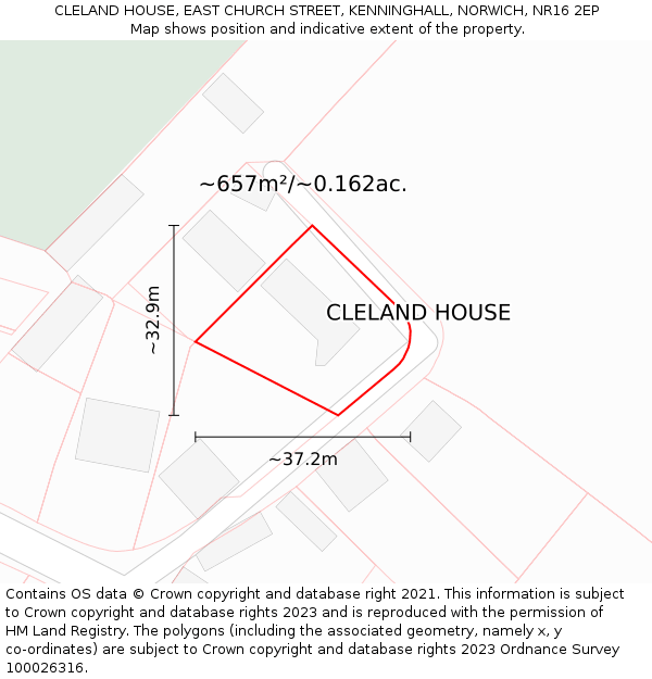 CLELAND HOUSE, EAST CHURCH STREET, KENNINGHALL, NORWICH, NR16 2EP: Plot and title map