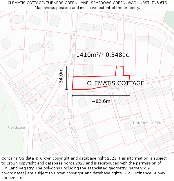 CLEMATIS COTTAGE, TURNERS GREEN LANE, SPARROWS GREEN, WADHURST, TN5 6TS: Plot and title map