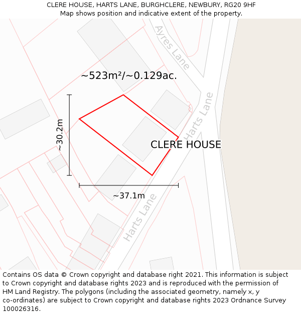 CLERE HOUSE, HARTS LANE, BURGHCLERE, NEWBURY, RG20 9HF: Plot and title map