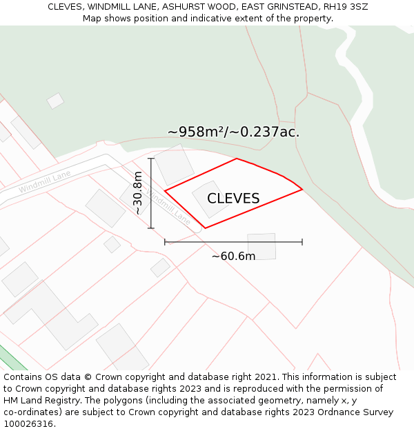 CLEVES, WINDMILL LANE, ASHURST WOOD, EAST GRINSTEAD, RH19 3SZ: Plot and title map