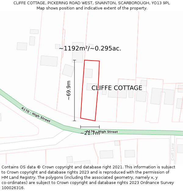 CLIFFE COTTAGE, PICKERING ROAD WEST, SNAINTON, SCARBOROUGH, YO13 9PL: Plot and title map