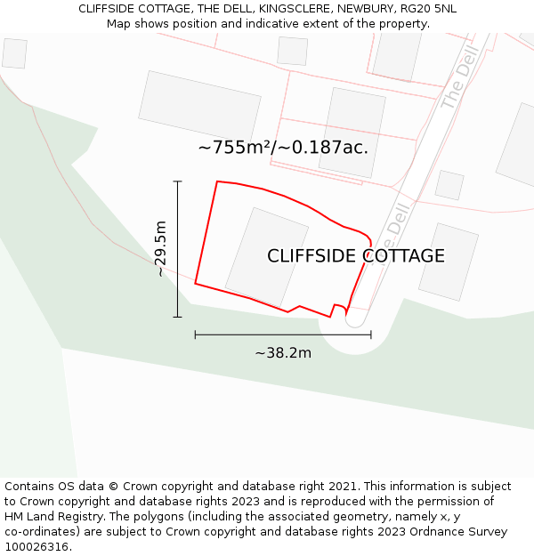 CLIFFSIDE COTTAGE, THE DELL, KINGSCLERE, NEWBURY, RG20 5NL: Plot and title map