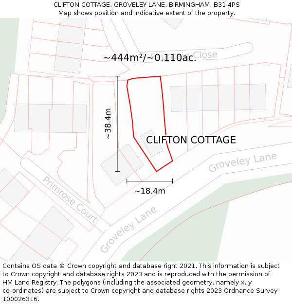 CLIFTON COTTAGE, GROVELEY LANE, BIRMINGHAM, B31 4PS: Plot and title map