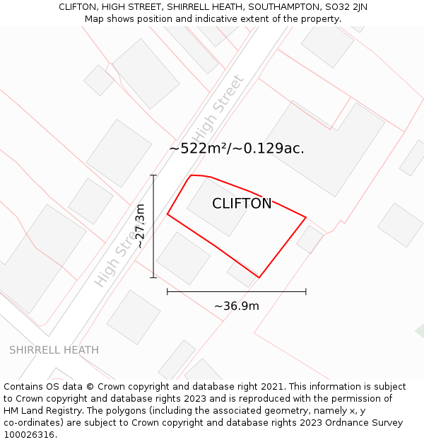 CLIFTON, HIGH STREET, SHIRRELL HEATH, SOUTHAMPTON, SO32 2JN: Plot and title map