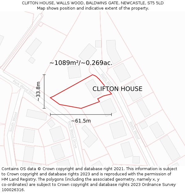 CLIFTON HOUSE, WALLS WOOD, BALDWINS GATE, NEWCASTLE, ST5 5LD: Plot and title map