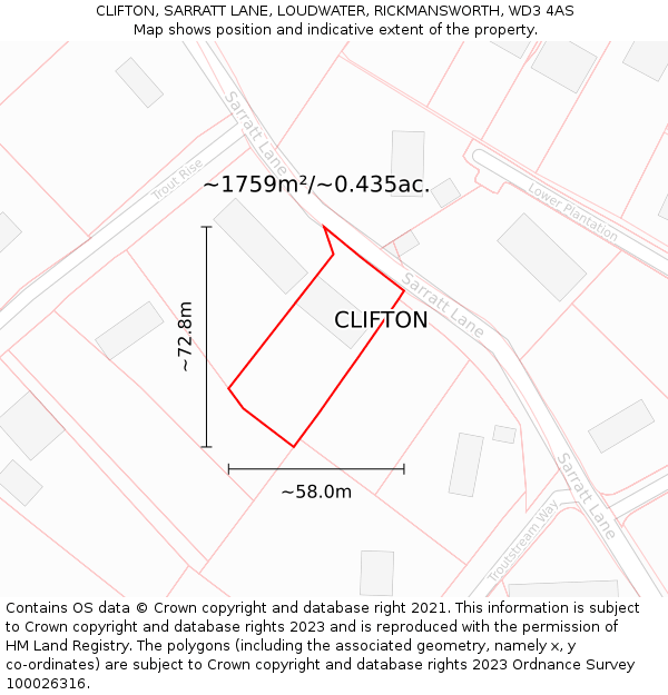 CLIFTON, SARRATT LANE, LOUDWATER, RICKMANSWORTH, WD3 4AS: Plot and title map