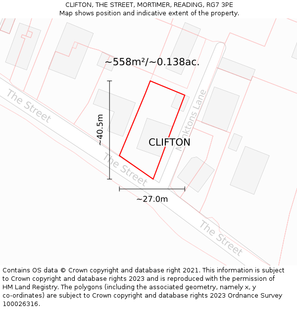 CLIFTON, THE STREET, MORTIMER, READING, RG7 3PE: Plot and title map