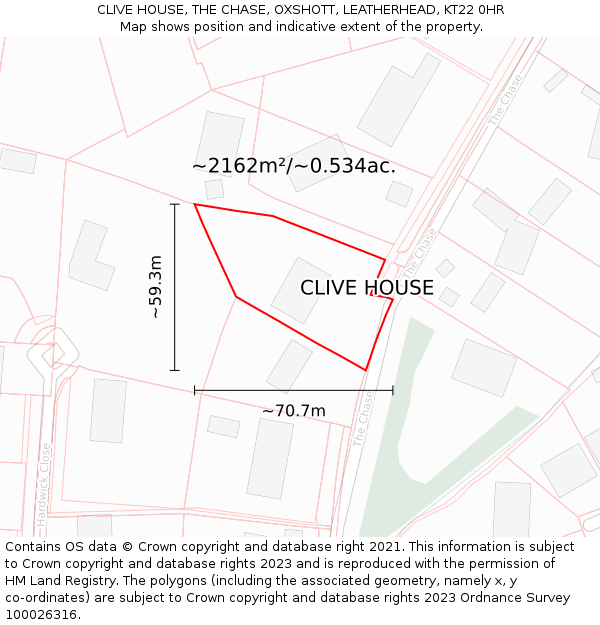 CLIVE HOUSE, THE CHASE, OXSHOTT, LEATHERHEAD, KT22 0HR: Plot and title map