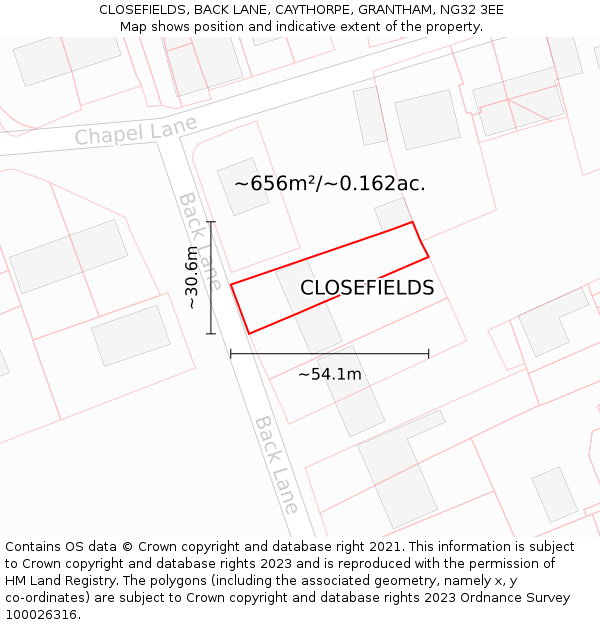 CLOSEFIELDS, BACK LANE, CAYTHORPE, GRANTHAM, NG32 3EE: Plot and title map