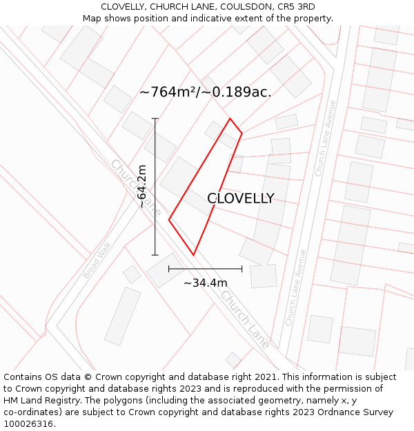 CLOVELLY, CHURCH LANE, COULSDON, CR5 3RD: Plot and title map