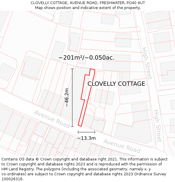 CLOVELLY COTTAGE, AVENUE ROAD, FRESHWATER, PO40 9UT: Plot and title map