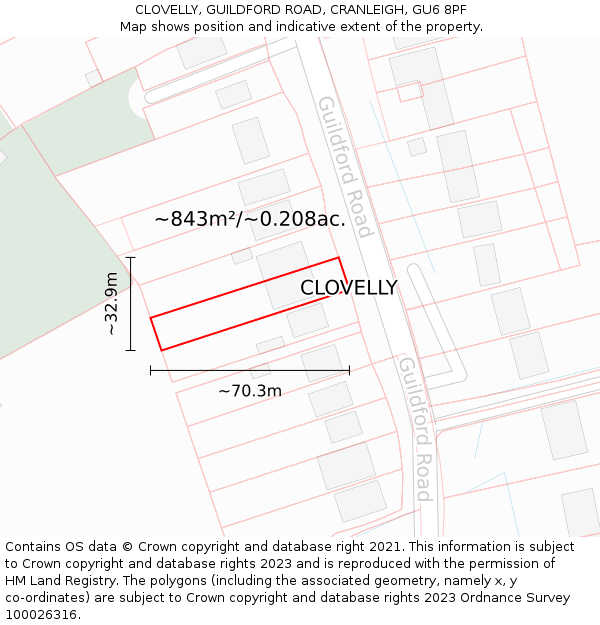 CLOVELLY, GUILDFORD ROAD, CRANLEIGH, GU6 8PF: Plot and title map