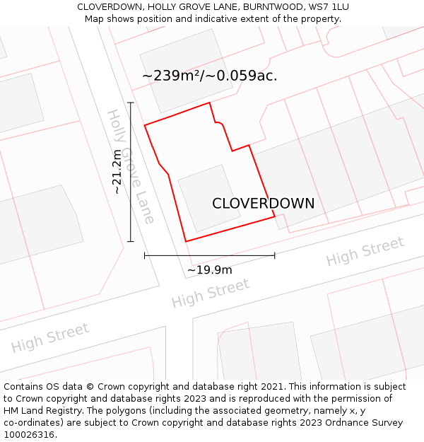 CLOVERDOWN, HOLLY GROVE LANE, BURNTWOOD, WS7 1LU: Plot and title map