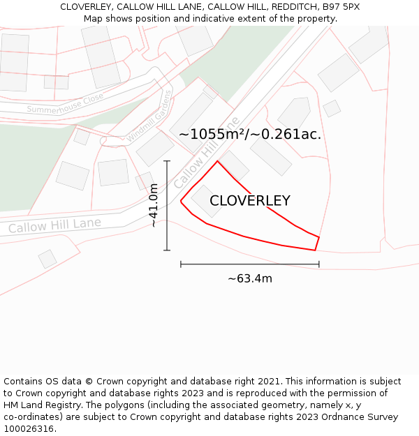 CLOVERLEY, CALLOW HILL LANE, CALLOW HILL, REDDITCH, B97 5PX: Plot and title map