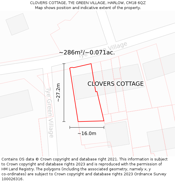 CLOVERS COTTAGE, TYE GREEN VILLAGE, HARLOW, CM18 6QZ: Plot and title map