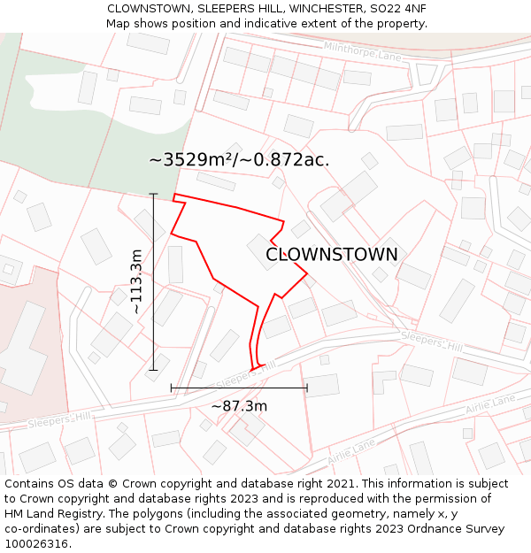 CLOWNSTOWN, SLEEPERS HILL, WINCHESTER, SO22 4NF: Plot and title map