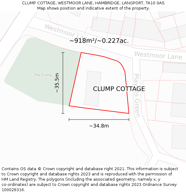 CLUMP COTTAGE, WESTMOOR LANE, HAMBRIDGE, LANGPORT, TA10 0AS: Plot and title map