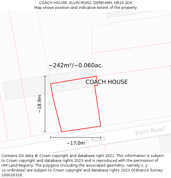 COACH HOUSE, ELVIN ROAD, DEREHAM, NR19 2DX: Plot and title map